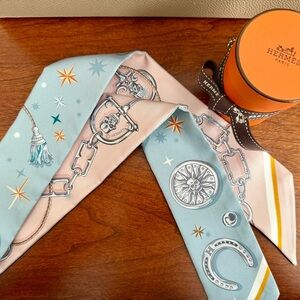 New Hermès C’est la Fete Blue and Pink Silk Twilly Scarf